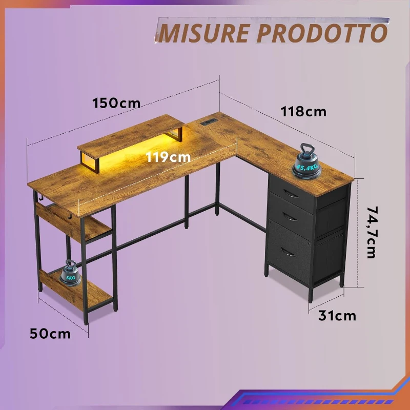 Scrivania angolare Gaming a L, struttura in metallo robusta & piano in legno, montaggio semplice, 150x50x87,5 cm, Marrone