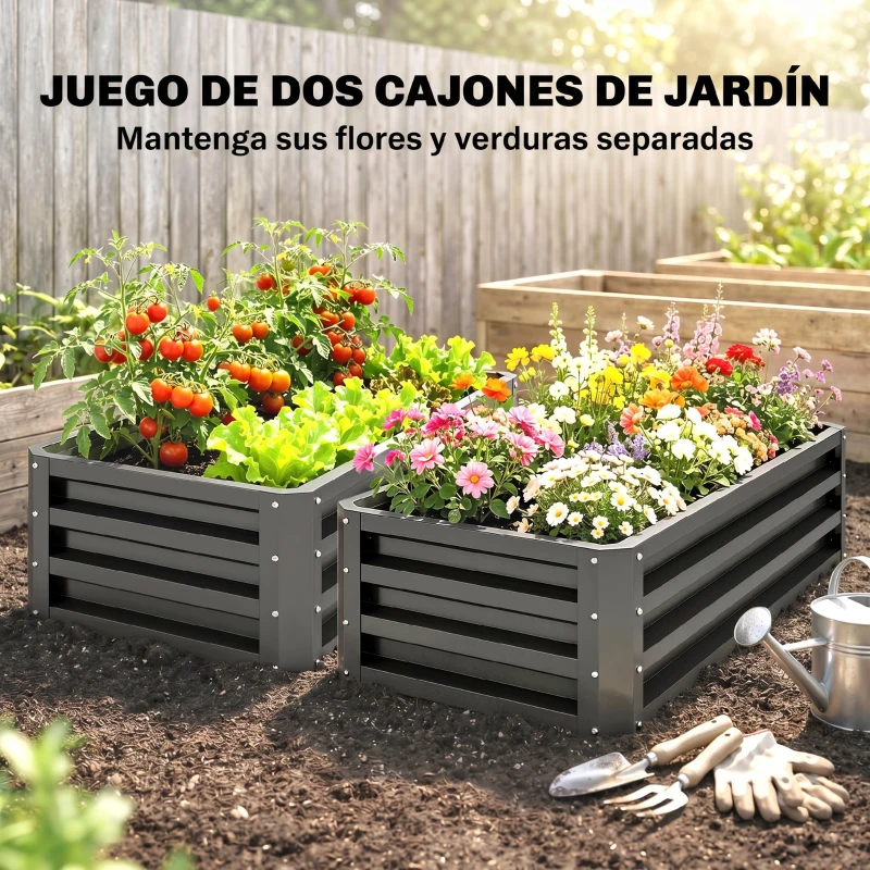Outsunny Juego de 2 Jardineras Exterior Grandes de Acero Galvanizado Huertos Urbanos para Terraza Jardín 110x50x30 cm Gris