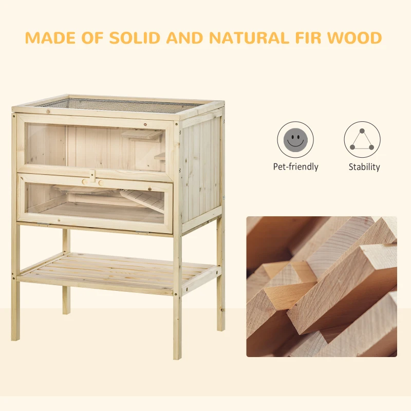 PawHut Wooden Hamster Cage with Storage Shelf, Small Animal Exercise Play House Gerbil Cage with Openable Top, Ramp for Gerbils, Drawf Hamsters, 60 x 40 x 80 cm - Natural