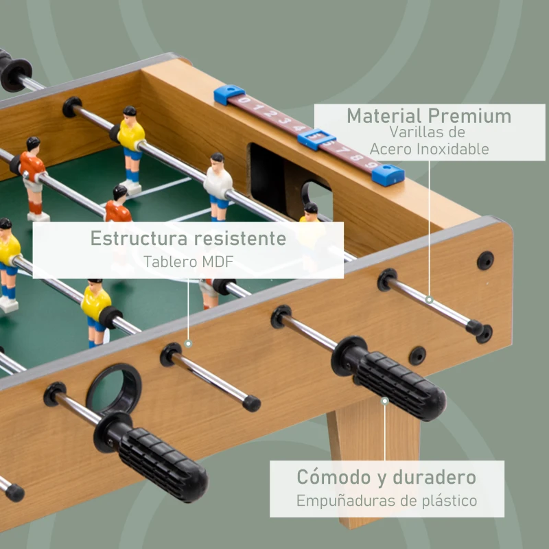 HOMCOM Futbolín de Mesa de Madera con 6 Varillas 2 Marcadores de Puntos y 18 Jugadores para +6 Años 69x36,5x22cm Natural