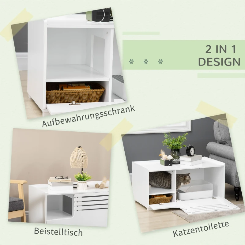 PawHut kattenkast met 2 schappen, 2-in-1 design, magneetdeur, MDF, wit(m-4)