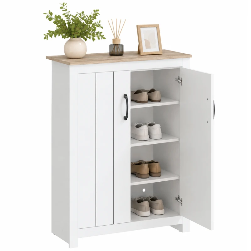 HOMCOM Schuhschrank 4 Ebenen 12 Paar Schuhschrank 2 Türen und verstellbare Einlegeböden 80x32,8x105cm Eiche und Weiß