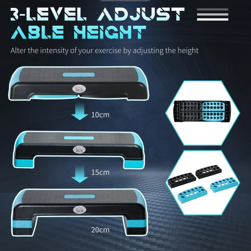 HOMCOM Aerobic Step with 3-Level Adjustable Heights for Home, Office Exercise, Black and Blue