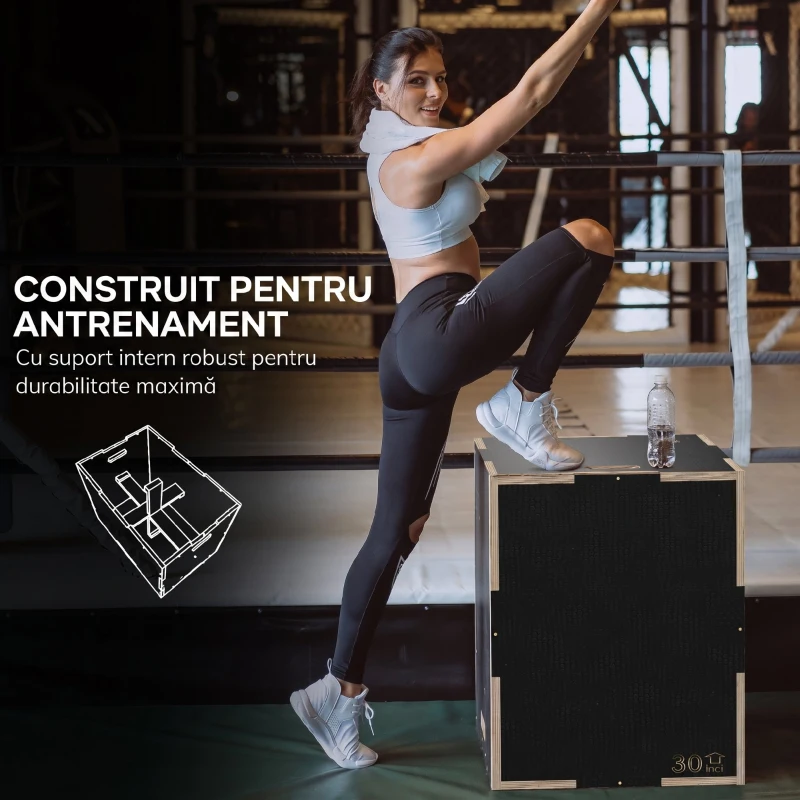 SPORTNOW Box pliometric cu 3 înălțimi din lemn antiderapant, 76-61-51 cm, negru