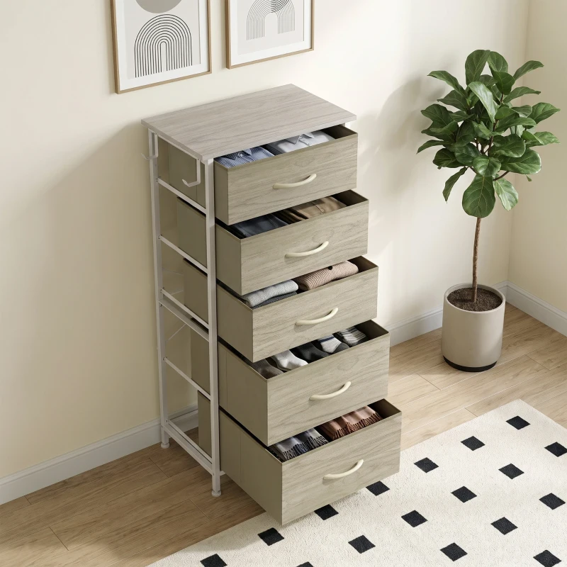 HOMCOM Chest of Drawers, Dresser with 5 Fabric Drawers, Tall Storage Unit with 4 Pockets and 2 Hooks Steel Frame, Natural Wood