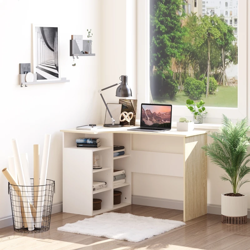 HOMCOM Escritorio Esquinero Mesa de Ordenador en Forma de L Escritorios Juveniles con Estantes Ajustables para Oficina Casa Despacho 120x70x75 cm Blanco y Roble