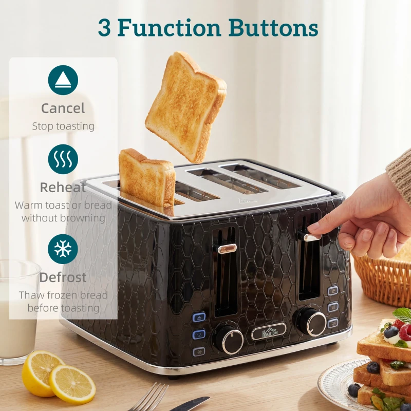 HOMCOM Kettle and Toaster Set, 1.7L 3000W Rapid Kettle with Strix Thermostat, 4 Slice Toaster with 7 Browning Controls, Black