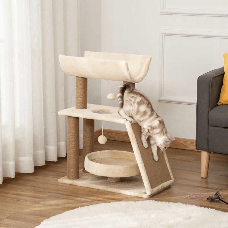 PawHut Krabpaal Kattenboom, inclusief speelgoed en kattenbed, 60 cm x 30 cm x 76 cm, Crème + Natuur
