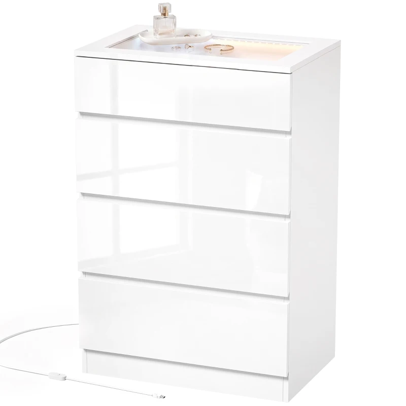 HOMCOM High Gloss 4 Drawer Chest of Drawers with Glass Top and RGB LED Lights, Dresser with Jewelry Organizer, APP Control