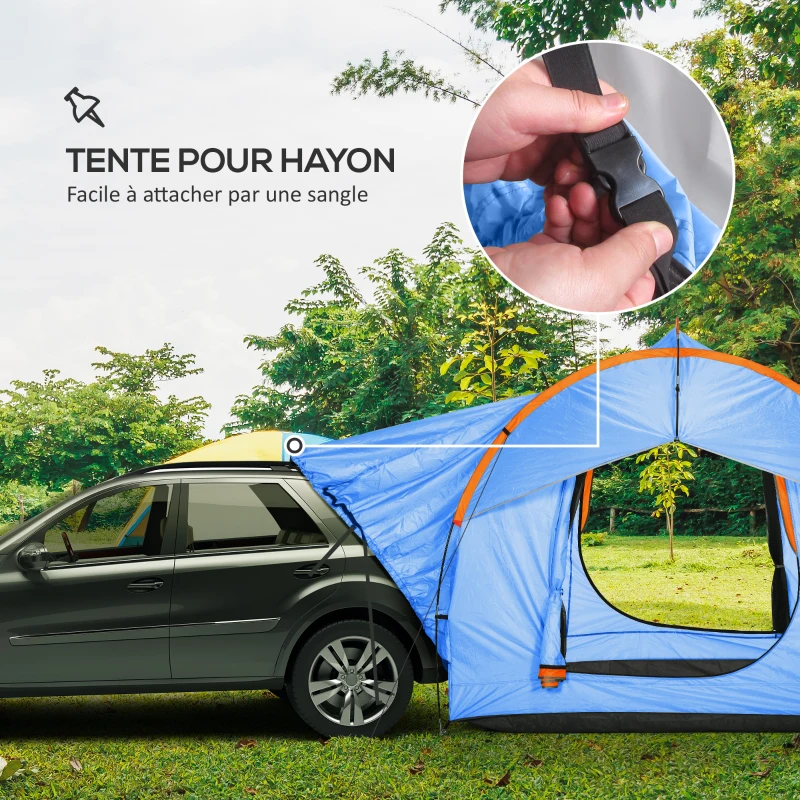 Outsunny Tente de voiture pour SUV hayon 5-6 personnes avec 3 portes, fenêtre en maille, pour trekking, randonnée, bleu et orange