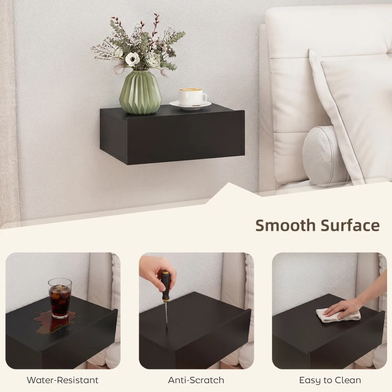 HOMCOM Floating Bedside Table Set of 2, Wall-Mounted Nightstand with Storage Drawer, Small Side End Table for Bedroom, Black
