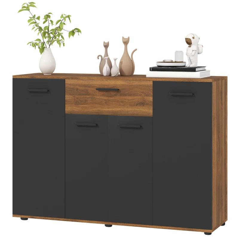HOMCOM Buffet salon meuble de rangement avec 4 placards, tiroirs et étagères réglables, dim. 120 x 35 x 85 cm, marron et noir