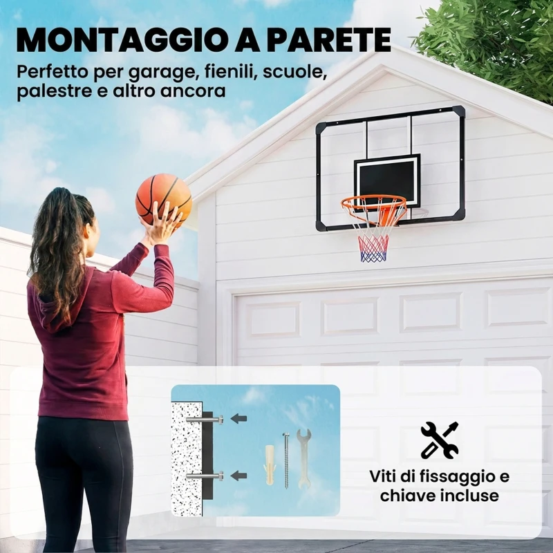 SPORTNOW Canestro Basket Esterno a Parete 113x73 cm, Cerchio Ø45 cm e Rete, Nero
