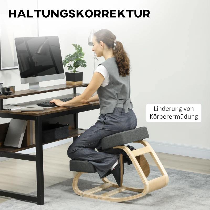 Vinsetto Kniestoel, ergonomische zitkruk voor een gezonde zithouding, berkenhout, 120 kg draagkracht, donkergrijs