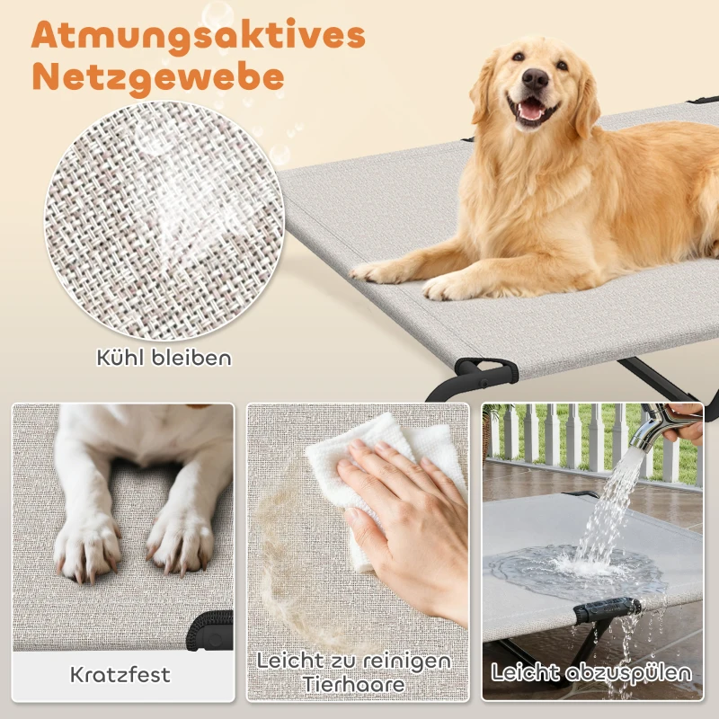 PawHut Hondenligbed Outdoor, Verhoogd hondenbed voor grote honden, met stalen frame, ademend netweefsel, 152x94x23 cm, Beige