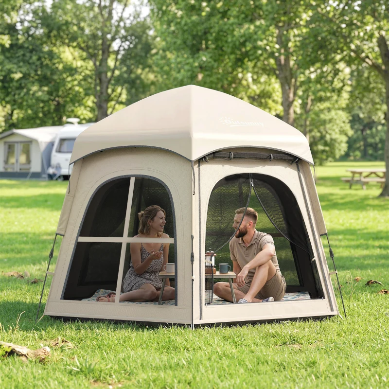 Outsunny Pop Up Tent 3000mm Waterproof Instant Camping Tent 3-4 Person with 2 Doors 4 Windows Khaki
