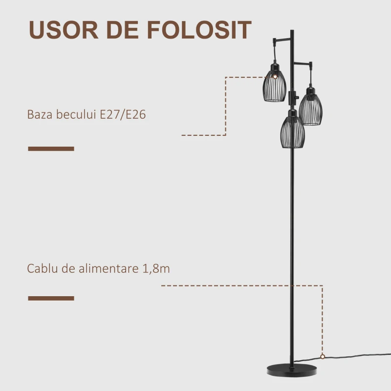 HOMCOM Lampadar Industrial cu 3 Abajururi și Intensitate Reglabilă, din Oțel, 30x30x170,5 cm, Negru