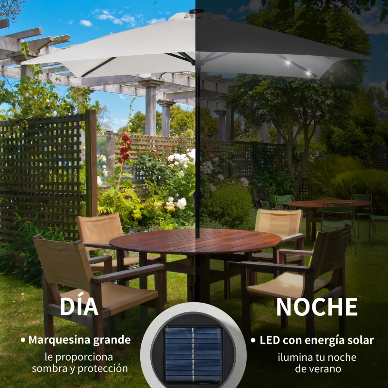 Outsunny Parasol de Terraza Exterior 2,7x2x2,5 m con Techo Inclinable hasta 45° Luces LED Solares y Manivela Blanco Crema