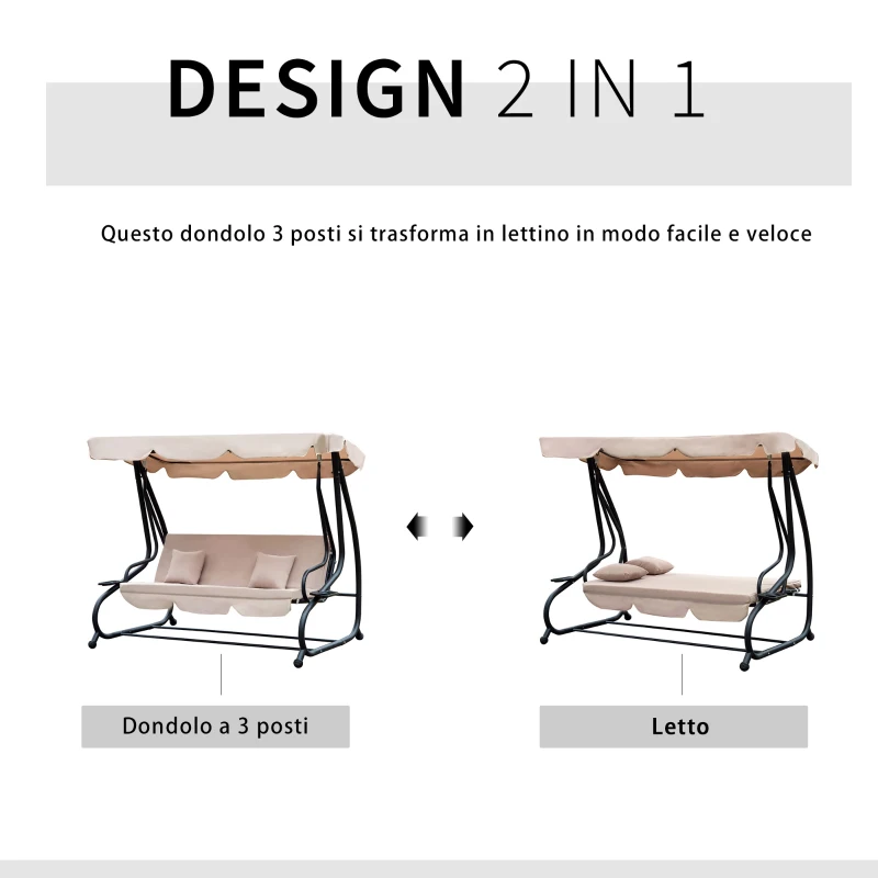 Outsunny Dondolo da Giardino 3 Posti Convertibile in Letto a Dondolo, Tetto e Struttura in Acciaio, 200x120x164cm Marrone Chiaro