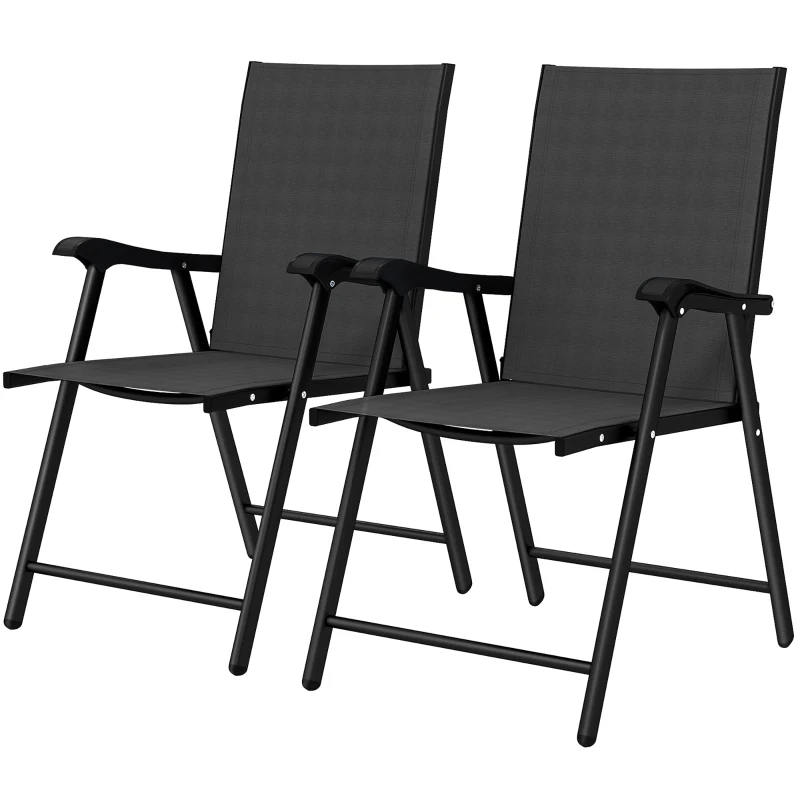 Outsunny Folding Garden Chairs Set of 2, Foldable Garden Dining Chairs with High Back, Armrests, Texteline Seat, Black