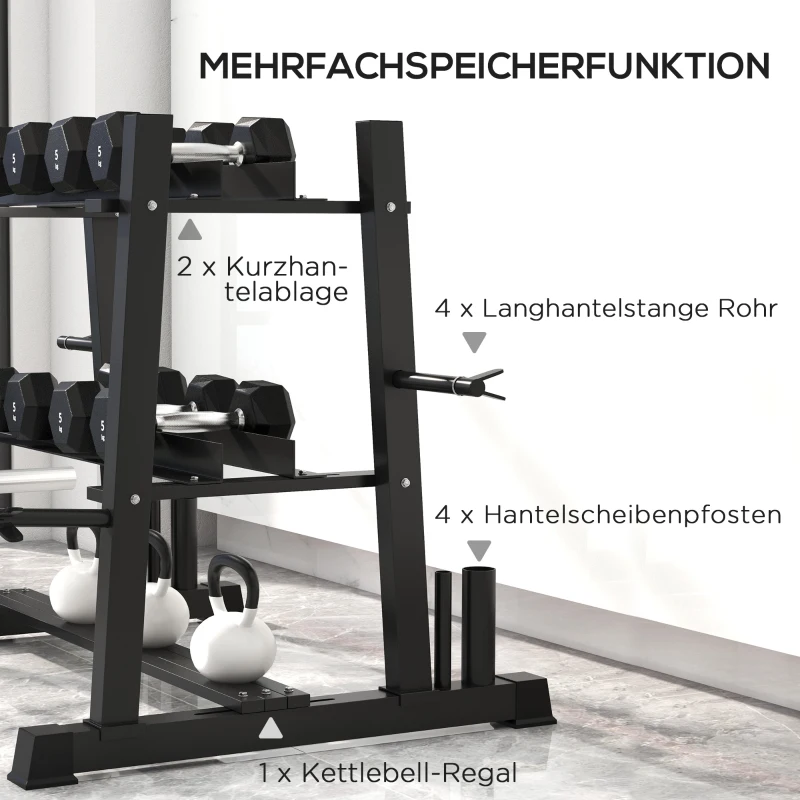 SPORTNOW hantelstandaard voor dumbells, kantelbare dumbells, halterschijven, 3 niveaus, aanpasbaar, staal, 131 x 75 x 80 cm, zwart(m-4)