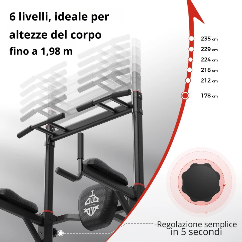 Power Tower Stazione per Dip, Barra per Trazioni, base a doppio triangolo, multifunzionale, 107,4x81,3x235 cm, Nero