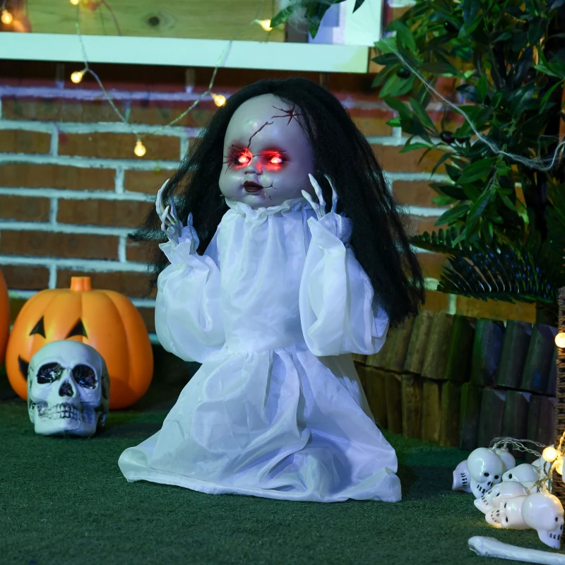 HOMCOM Halloween decoratie Horrorpop met LED-ogen die oplichten en beweegt bij het detecteren van beweging