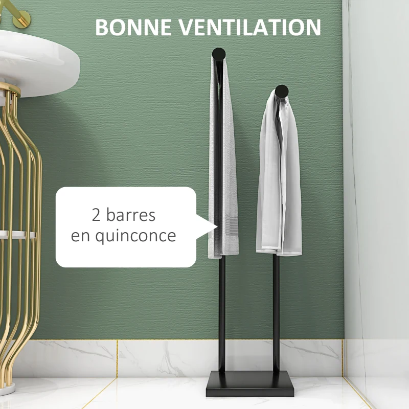 HOMCOM Porte-serviettes sur pied en acier avec 2 barres support pour serviette 35,5l x 20P x 78H cm - noir