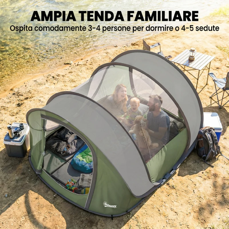 Outsunny Tenda da Campeggio Pop-Up 4-5 Persone, 2 Porte, 2 Finestre, Impermeabile, Verde