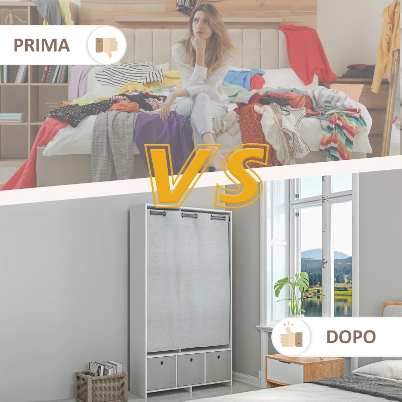 HOMCOM Armadio Guardaroba con Barra Appendiabiti, 3 Cassetti in Tessuto e 3 Ripiani, 105x48x160 cm, Bianco e Grigio