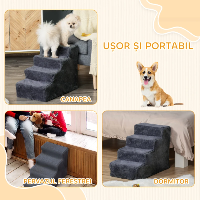 PawHut Scară Portabilă pentru Câini cu 4 Trepte, din Material de Catifea Detașabil și Lemn, 60x35x44 cm, Gri Închis