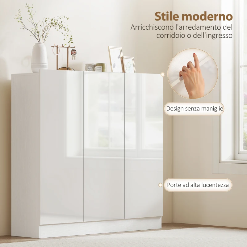 HOMCOM Scarpiera Slim da Ingresso per 25-30 Paia di Scarpe con Ante a Chiusura Ammortizzata, Bianco Lucido