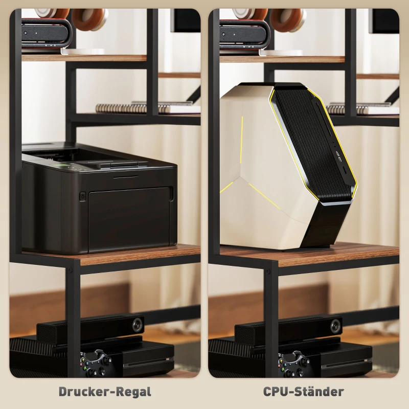 HOMCOM Computerbureau met monitorstandaard, 4-laags plank, industrieel design, bruin