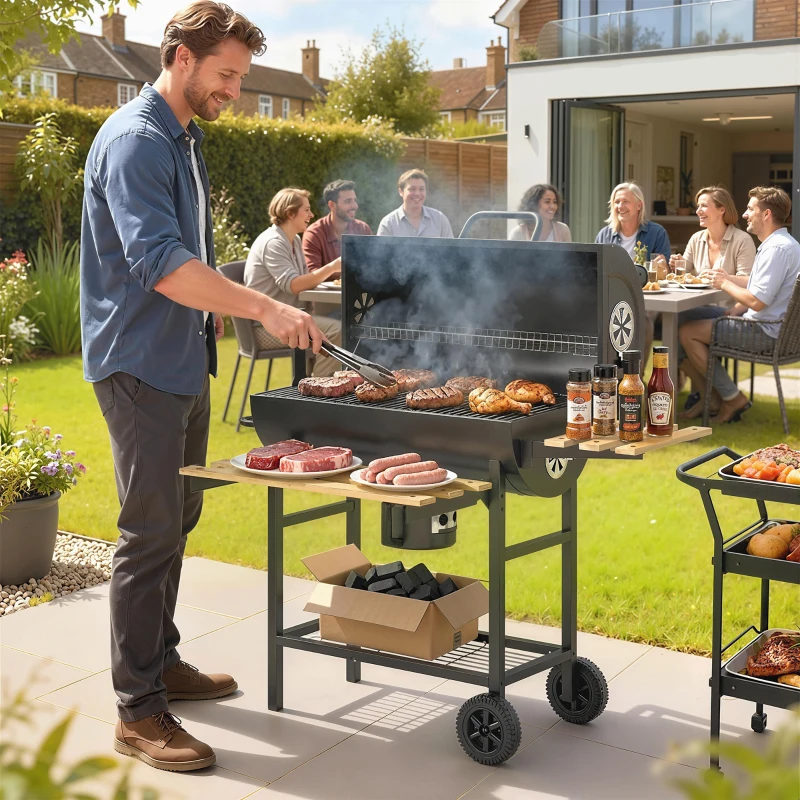 Outsunny Charcoal Grill, Barrel BBQ Smoker with Warming Rack, Charcoal BBQ Grill with Foldable Shelves, Natural Wood and Black