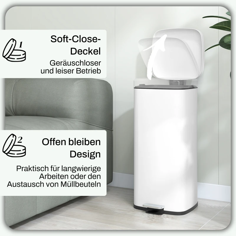 HOMCOM Prullenbak 30L, Soft-Close Deksel, Vingerafdrukbestendig, Voetpedaal, Metaal/Kunststof, 28x35x63,5 cm, Wit