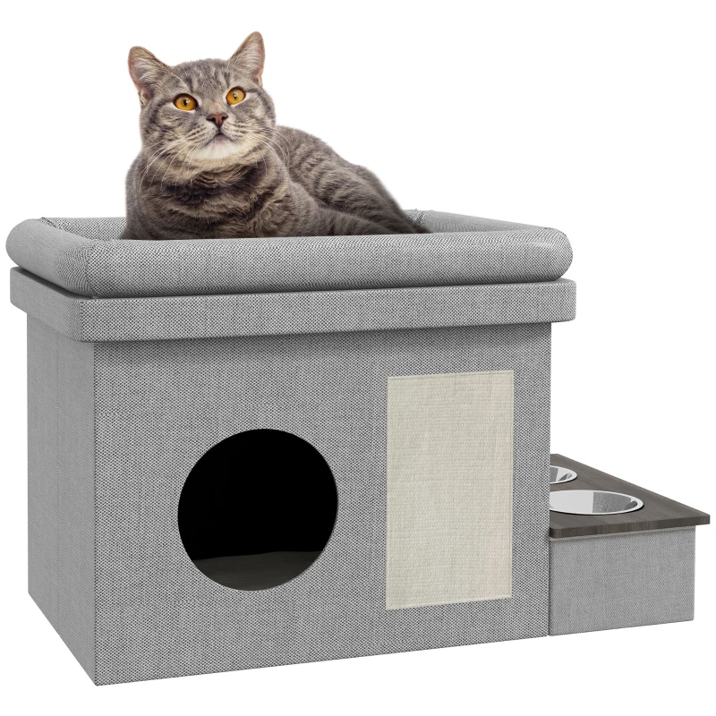 PawHut Kattenhuis, voerbak met 2 roestvrijstalen kommen, krabmat, zacht ligkussen, 78 x 48 x 49,5 cm, grijs