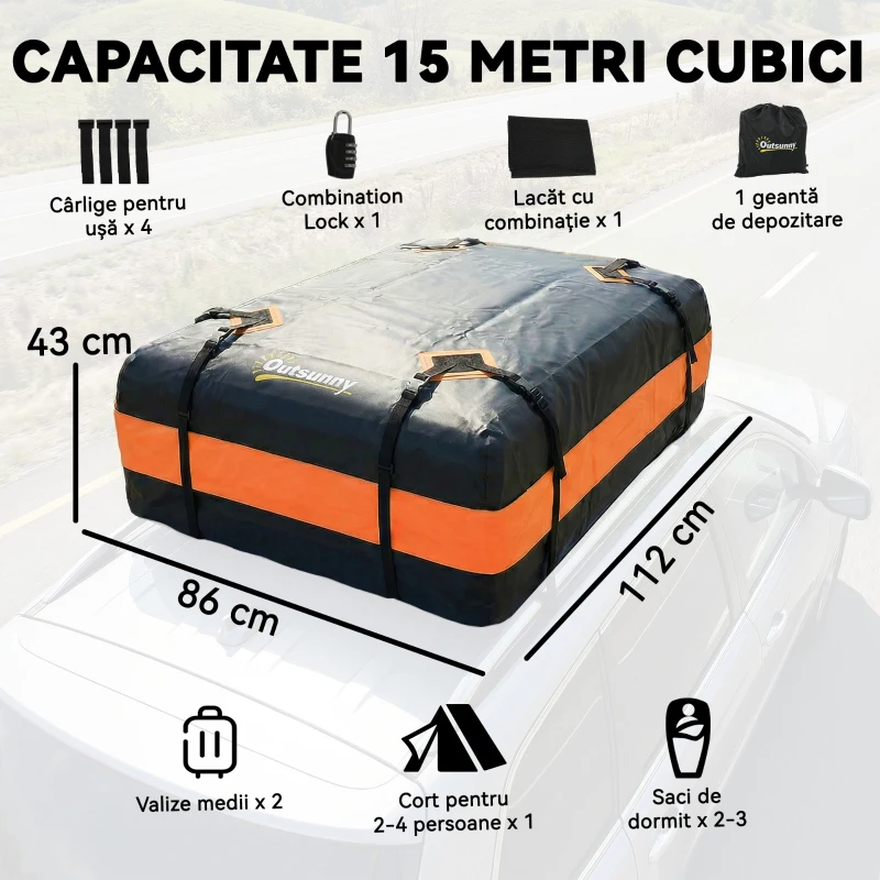 Outsunny Portbagaj de Plafon Impermeabil cu Curele, 425 Litri, Portocaliu și Negru