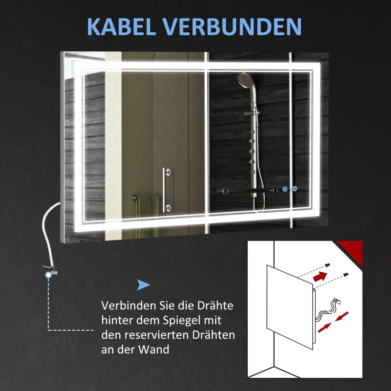 kleankin Badkamerspiegel met LED-verlichting, geheugenfunctie, aanraakschakelaar, spatwaterdicht, zilver