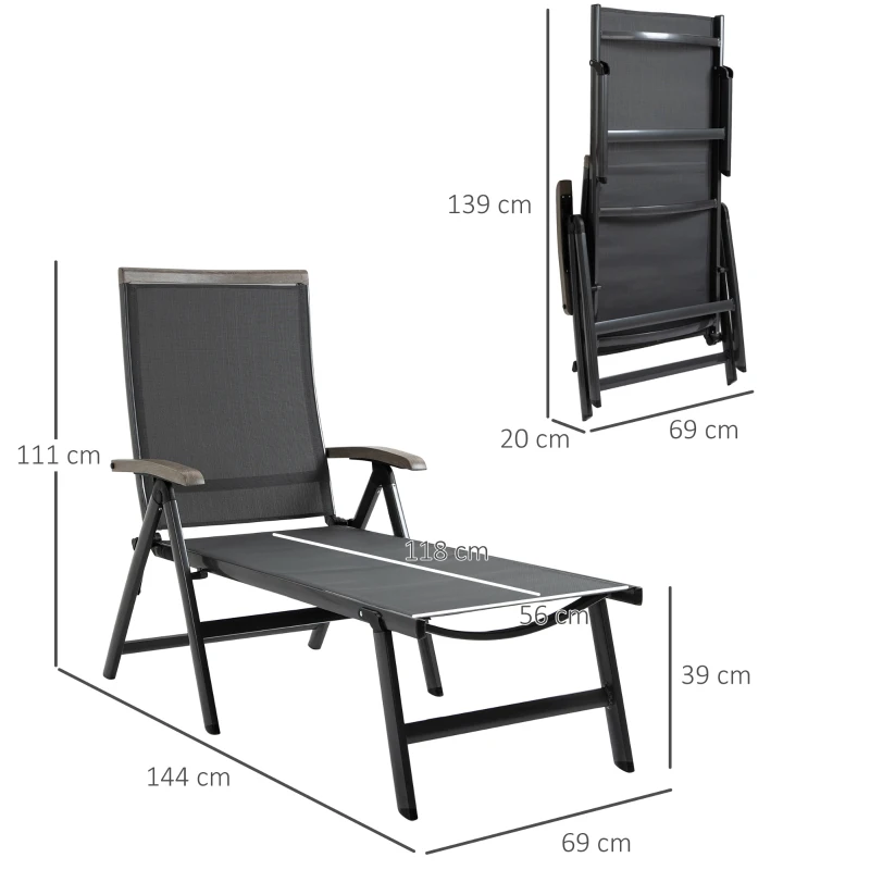 Outsunny Set of 2 Outdoor Folding Sun Loungers, 5-Position Adjustable Chaise Lounge Chairs with Aluminium Frame for Patio, Garden, Grey