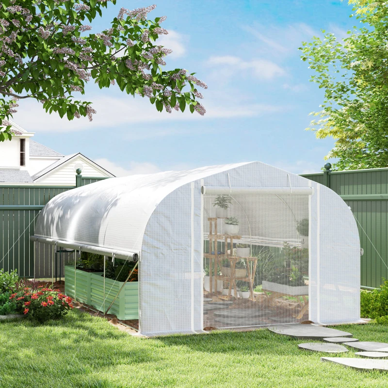 Outsunny 6x3x2m Kas, Toegankelijk, Met 8 Vensters, Deur, Vliegengaas, en Metalen Frame - Wit