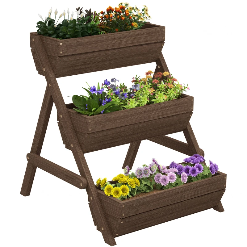 Outsunny 3 Tier Raised Garden Bed Wooden Elevated Planter Box Kit, 66L for Flower, Vegetable, Herb, 65x75x78cm, Tan