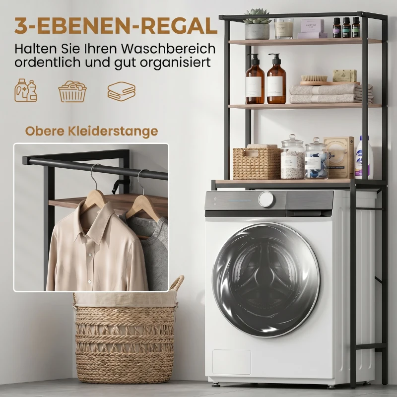 HOMCOM Wasmachinerek badkamer met droogstang, 3 niveaus, 67 x 40 x 161,8 cm, bruin