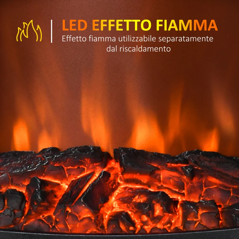 HOMCOM Camino Elettrico Effetto Fiamma e 3 Lati Aperti, Temperatura Regolabile 900W-1800W, Protezione da Surriscaldamento, Copertura 20-25m², 39x26x54.8cm, Nero