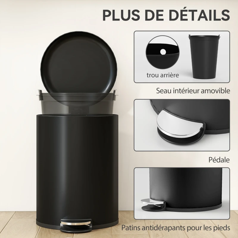 HOMCOM Poubelle de Cuisine 20 L en Métal, Poubelle à Pédale avec Couvercle à Fermeture Douce et Seau Amovible, Noir
