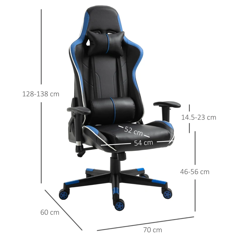Vinsetto Poltrona da Gaming con Altezza Schienale Regolabile, Sedia Ufficio con Poggiatesta e Cuscino Lombare Nera e Blu