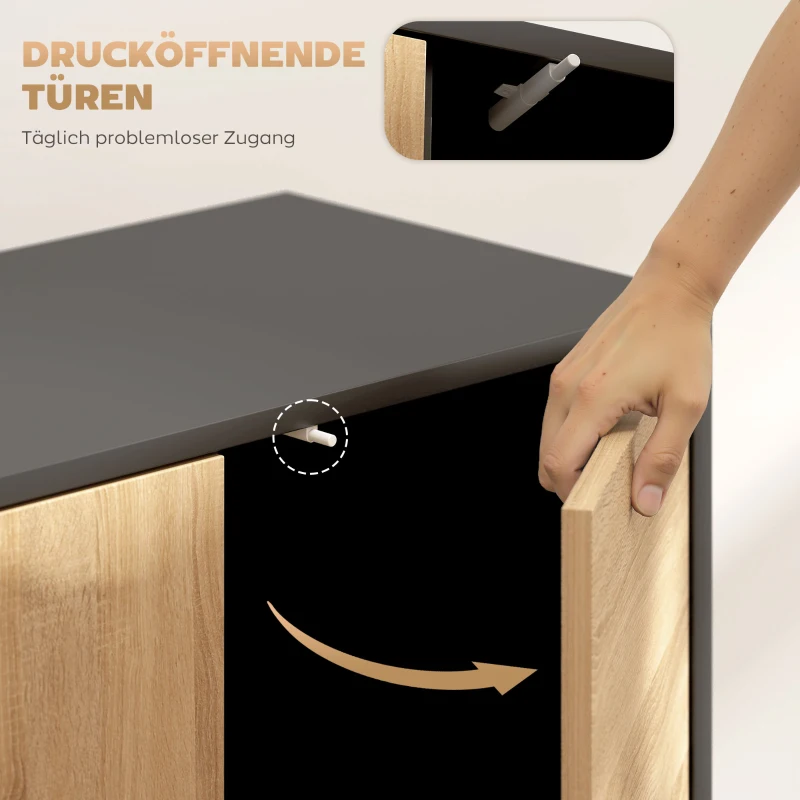HOMCOM Dressoir met push-to-open-deuren, eetkamerkast met metalen poten, keukenkast, MDF, Zwart+Natuurhout(m-7)
