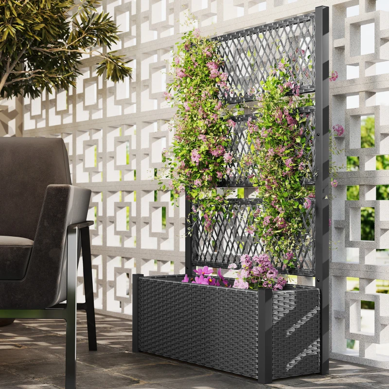 Outsunny Hoogbed met klimrek in rattan-look plantenbak bloembak met klimsteun 90 x 35 x 148 cm Donkergrijs