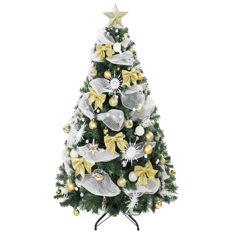 HOMCOM Weihnachtsbaum 180cm mit 200 warmweißen LEDs, 8 Modi, 800 feuerhemmende Zweige, Kugeln, Bänder, Schleifen