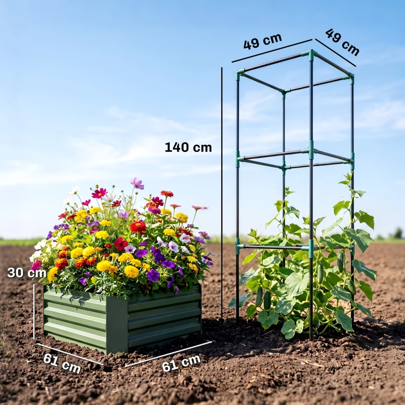 Outsunny Verhoogde plantenbak met klimrek, plantenbak met klimsteun, open bodem, weerbestendig, 61 cm x 61 cm x 140 cm, groen