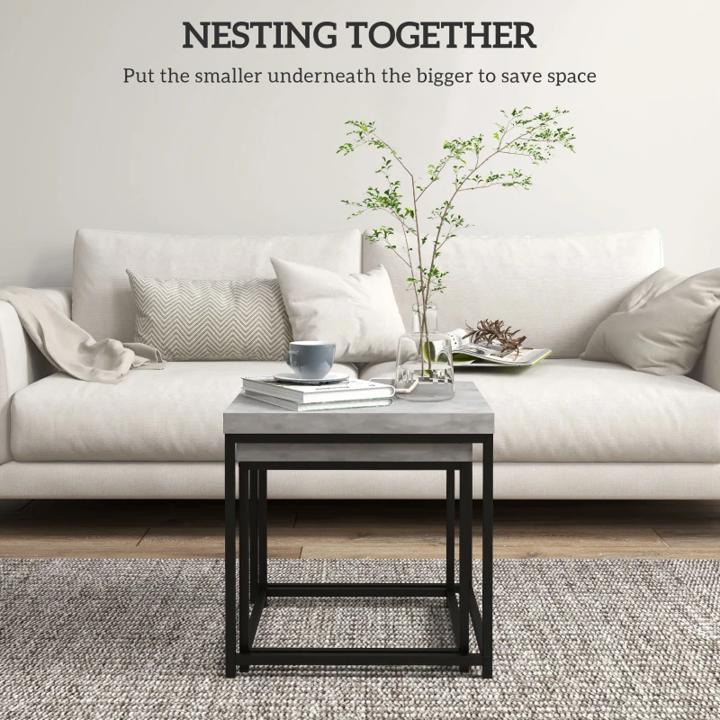 HOMCOM Coffee Table Set of 2, Nest of Tables with 3.5cm Thick Tabletop, Grey